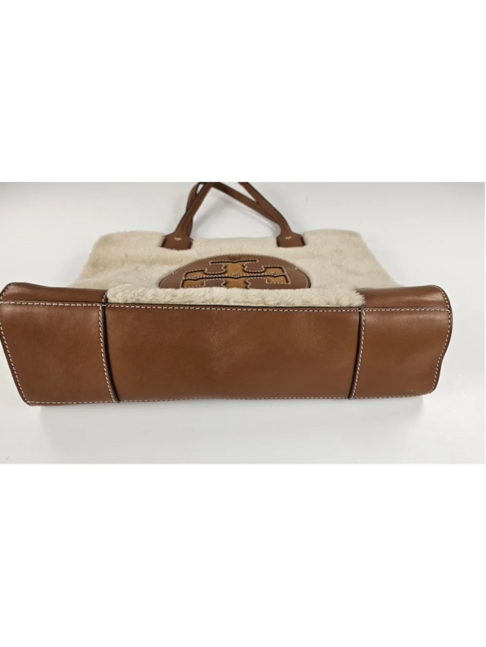 Tory Burch Rory Shearling Leather Tote Bag Cream Brown Large Double T Logo